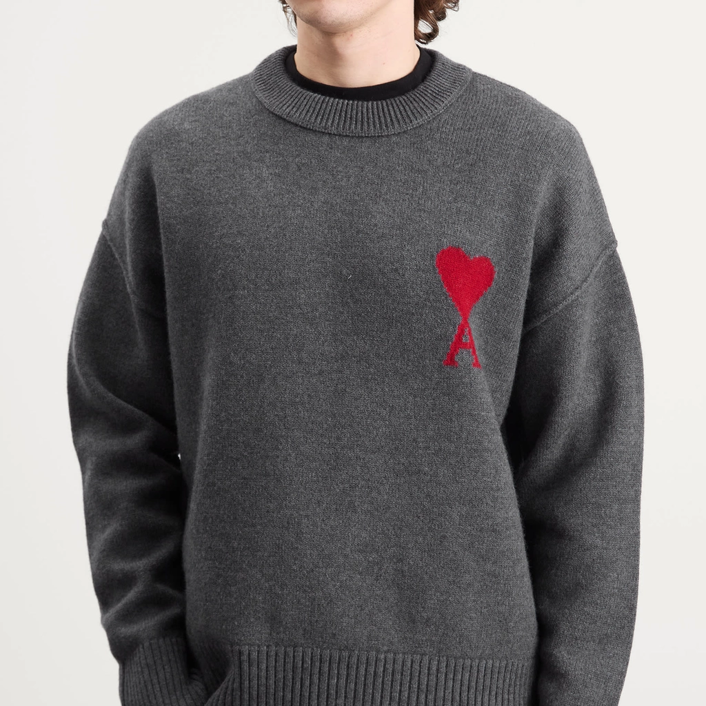 AMI Paris Men's Felted Merino Wool Knit ADC Crew Neck Jumper Gris Chine / Rouge